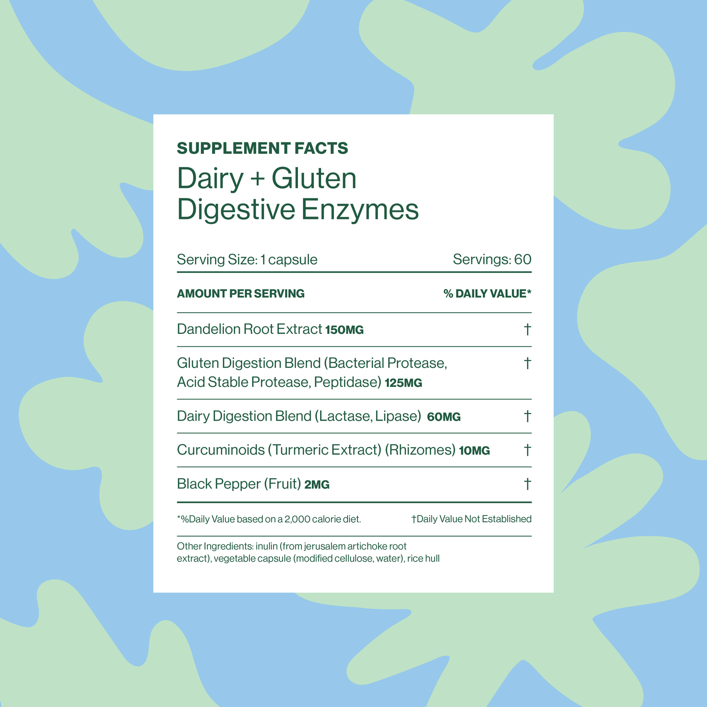 Dairy + Gluten Digestive Aid Supplement Facts Panel, Serving Size 1 capsule, 60 servings, Dandelion Root Extract 150MG, Gluten Digestion Blend 125MG, Dairy Digestion Blend 60MG, Curcuminoids (Turmeric Extract) 10MG, Black Peper 2MG